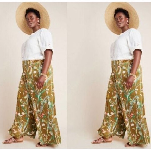 Anthropologie MAEVE Shiloh Knit Wide Leg Green Floral Pants Size Small - Picture 7 of 8